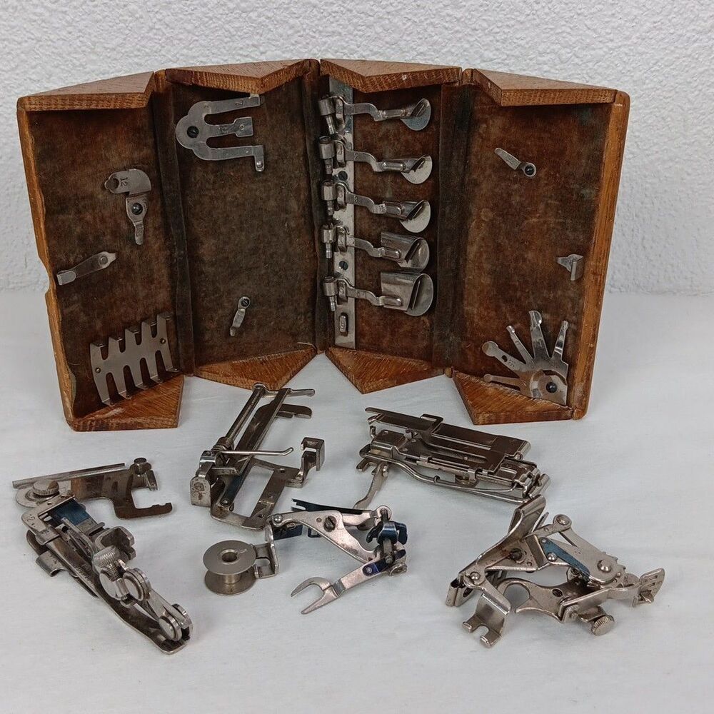 Antique Singer Sewing Machine Folding Oak Puzzle Box & Machine Attachments/1880s